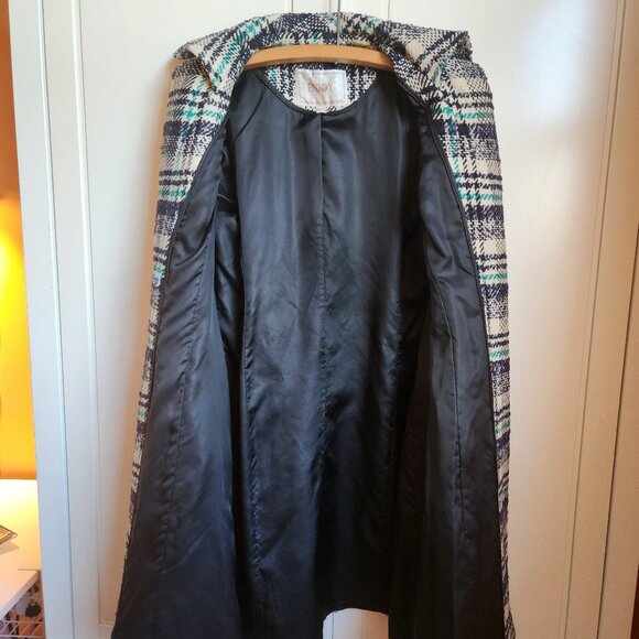 Wool Textured Plaid Trench Pea Lapel Coat - Picture 6 of 12